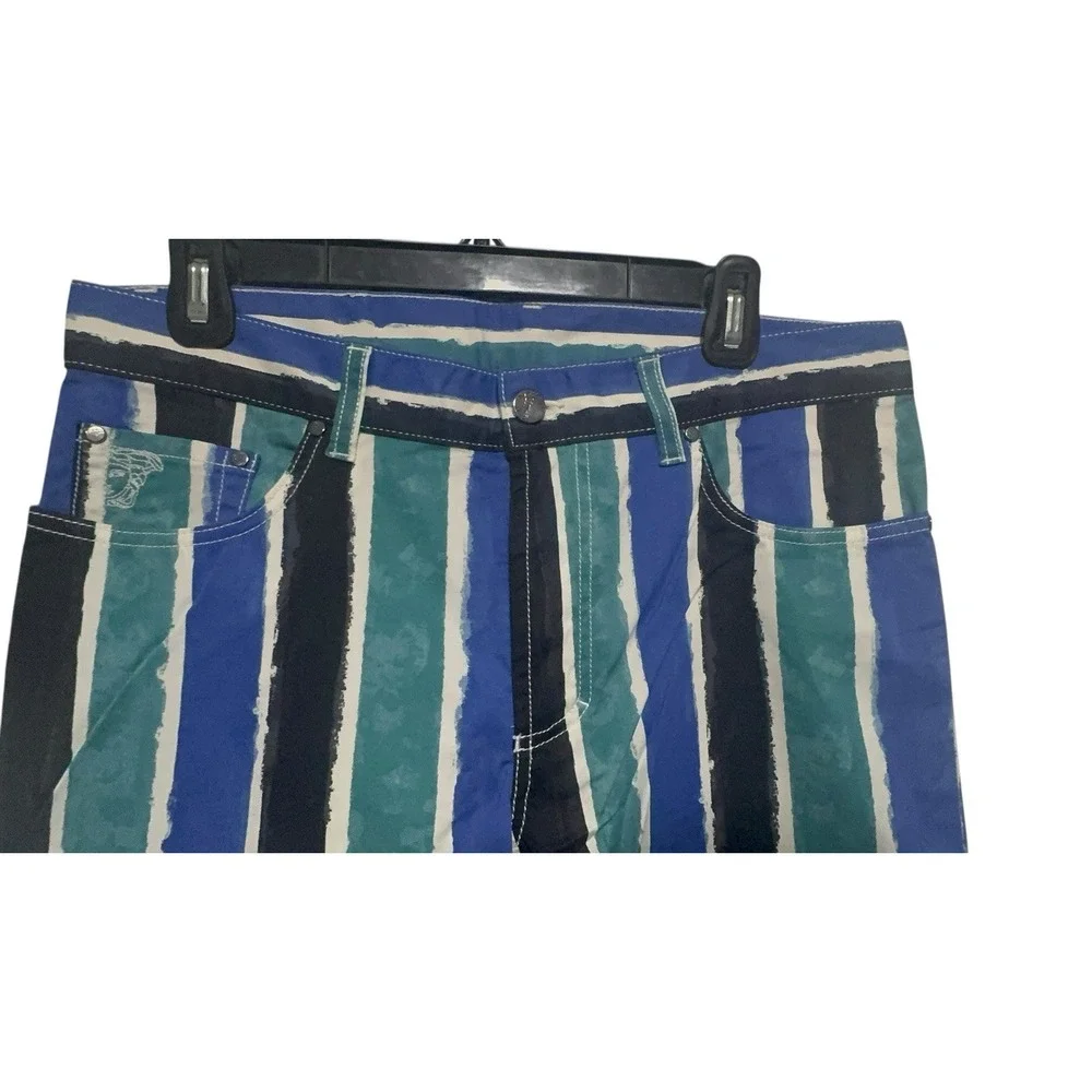 Versace Collection Men's Striped‎ Slim Fit Pants 33 Blue Green Cotton Stretch
